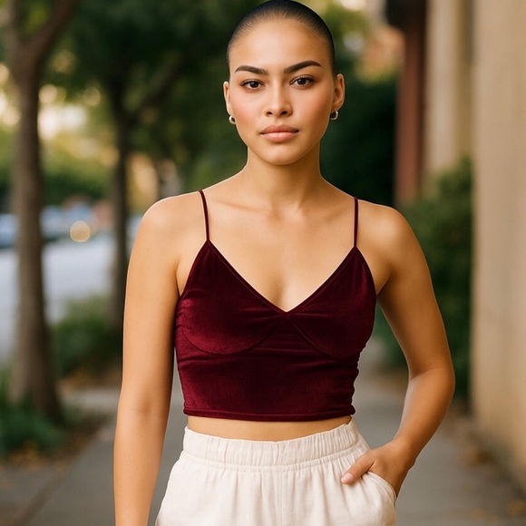 Women’s Burgundy Velour Sleeveless Cropped Cami Top Size Large - Picture 1 of 6